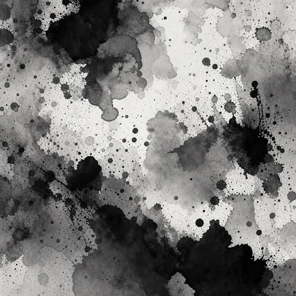 Black and white abstract ink wash with splatters and fluid paint textures