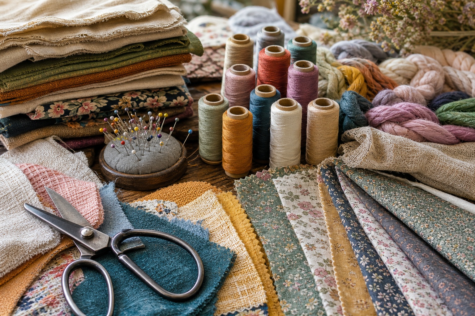 Fabric swatches, thread spools, scissors, and sewing tools arranged on a craft table.