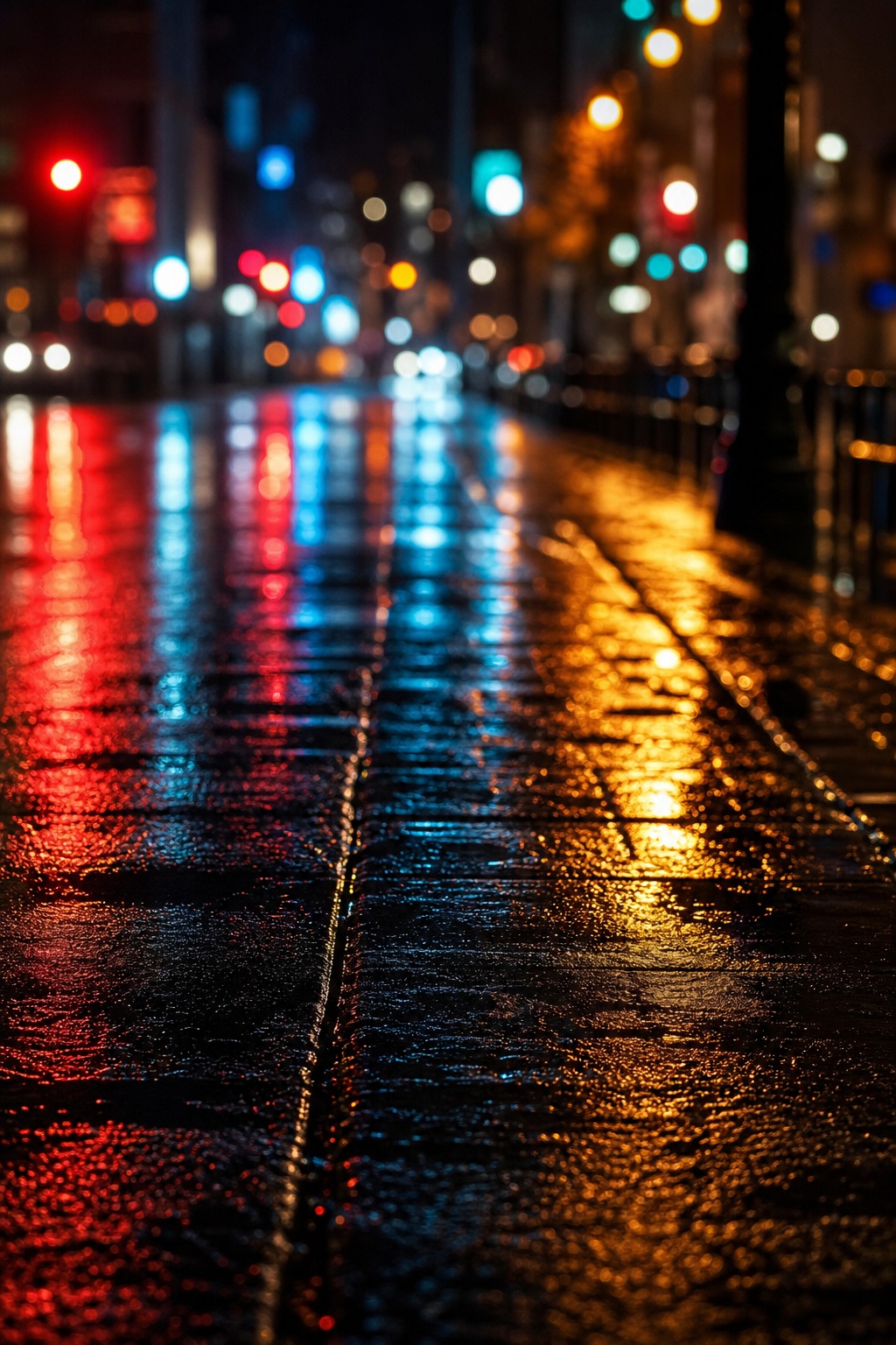 Vertical wet pavement reflecting colorful blurred city lights at night
