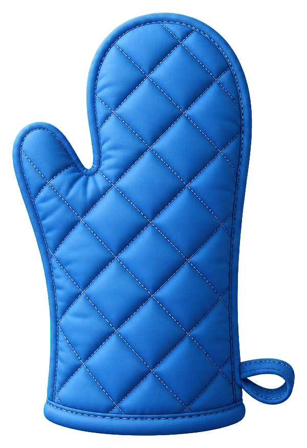 Blue quilted oven mitt sticker with a hanging loop