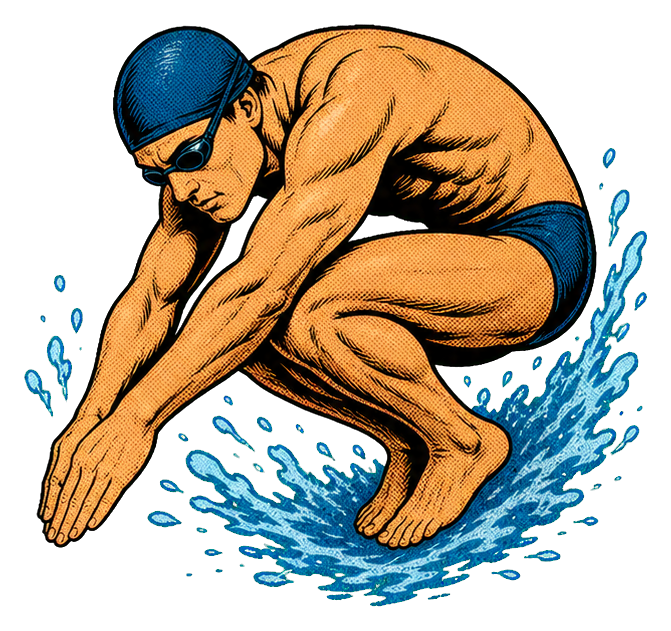 Retro-style swimmer crouched in a turn position with blue water splash effects