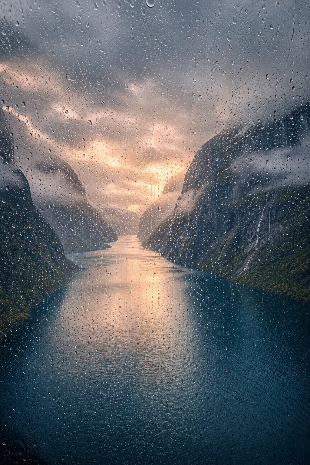 Rain-covered window looking out over a misty fjord at sunset with mountains and water