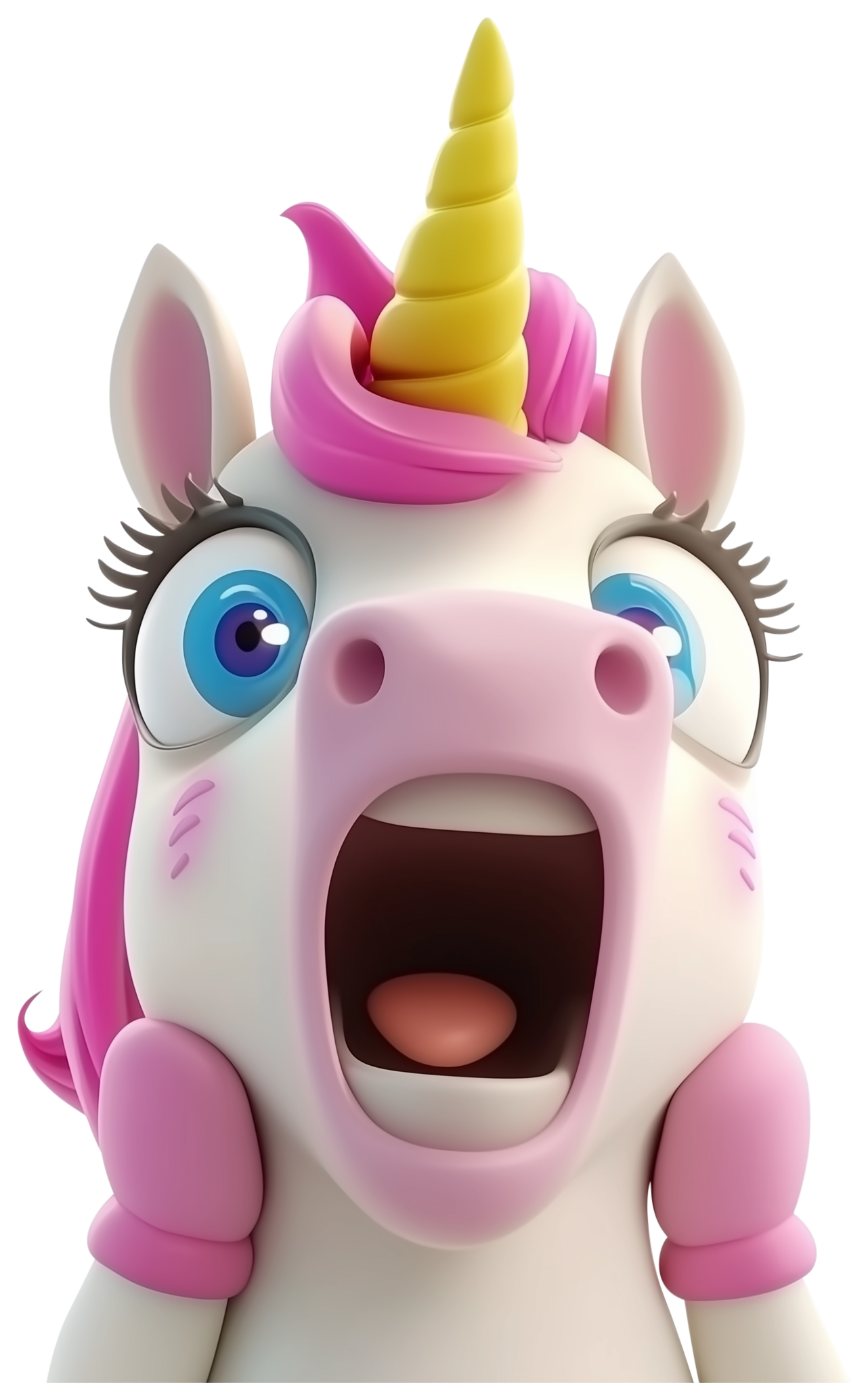 Pink and white cartoon unicorn emoji sticker with open mouth and yellow horn