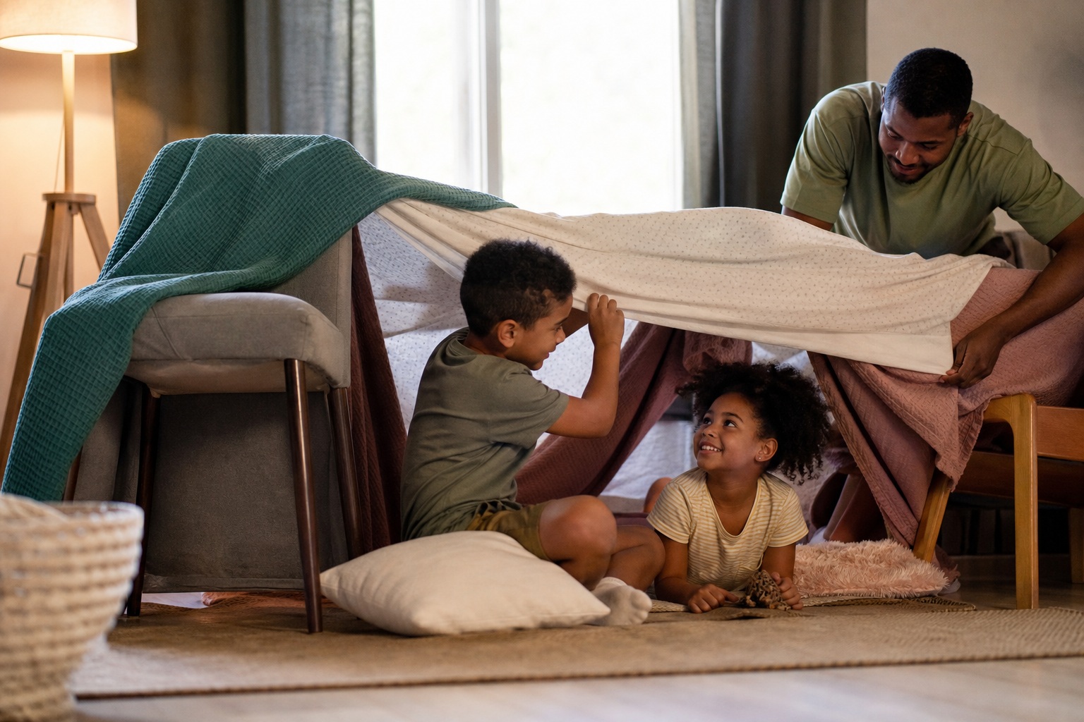 Family building a blanket fort in a cozy living room with pillows and chairs.