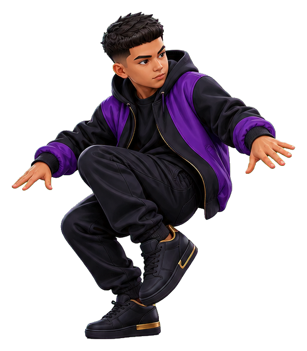Crouching hip hop dance character in a purple jacket and black outfit