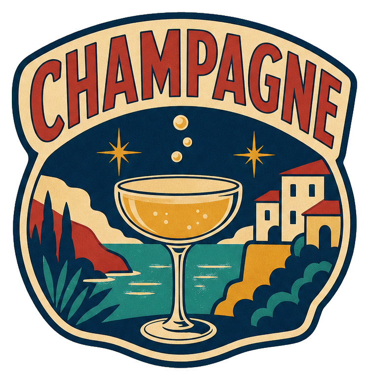 Retro badge sticker with a champagne glass, bubbles, and France-style illustration.