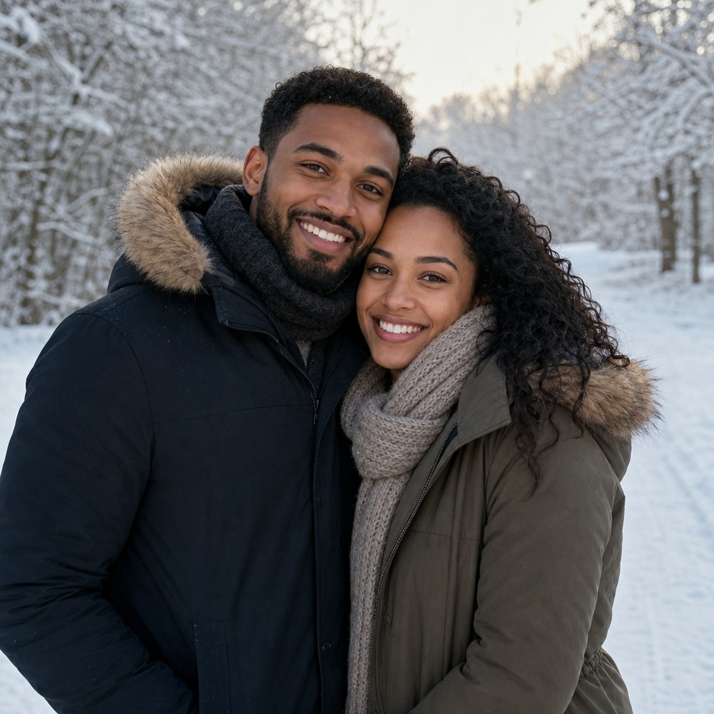 Smiling couple standing outdoors in winter beside a snowy tree