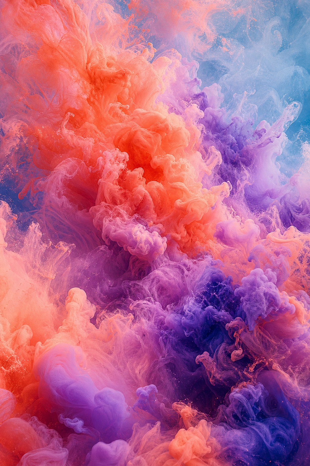 Coral, violet, and blue fluid ink clouds forming a soft abstract background