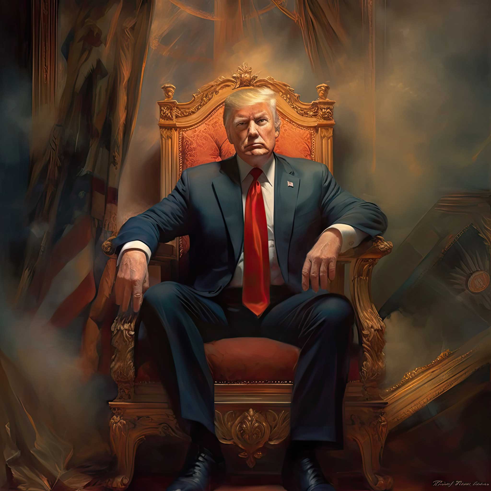 Donald Trump sitting on an ornate throne in a dramatic smoky setting.