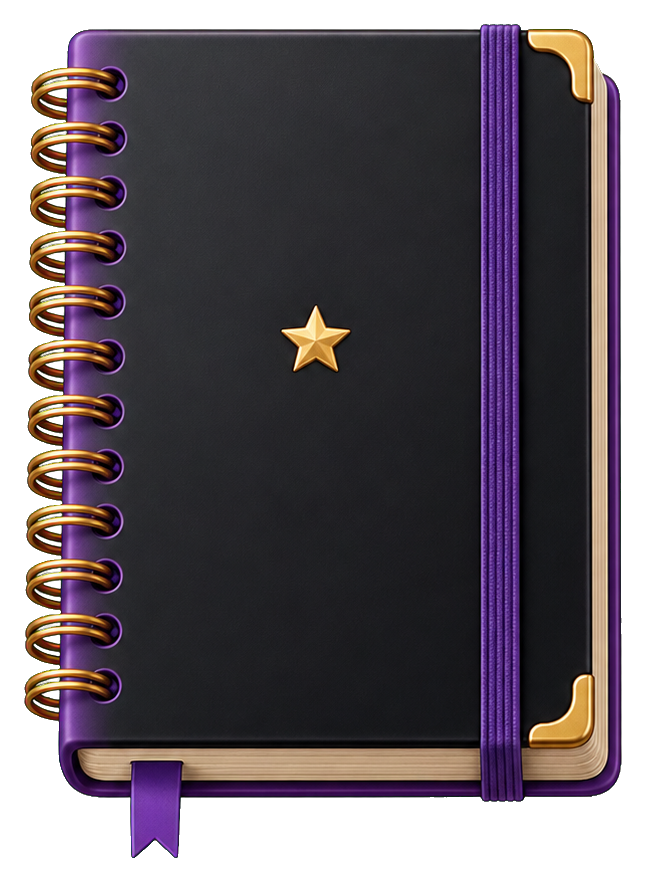 Black notebook sticker with purple spiral binding, gold corners, and a small gold star.