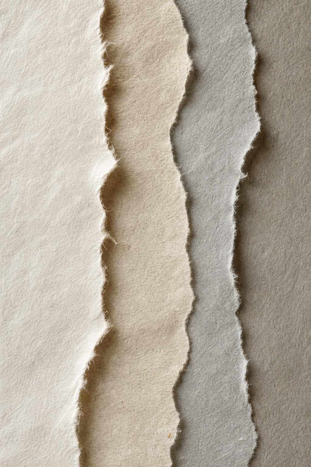 Vertical strips of torn neutral paper with soft fiber texture