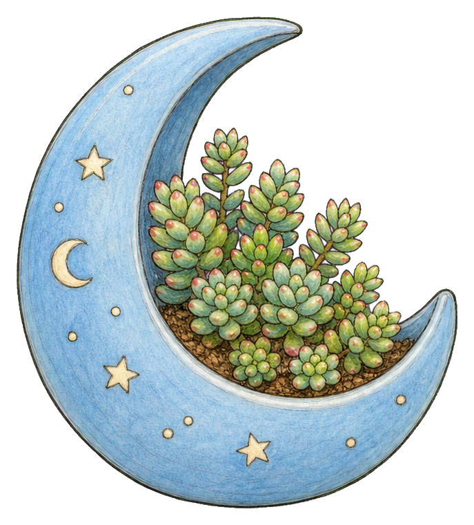 Blue crescent moon planter filled with green and red sedum succulents.
