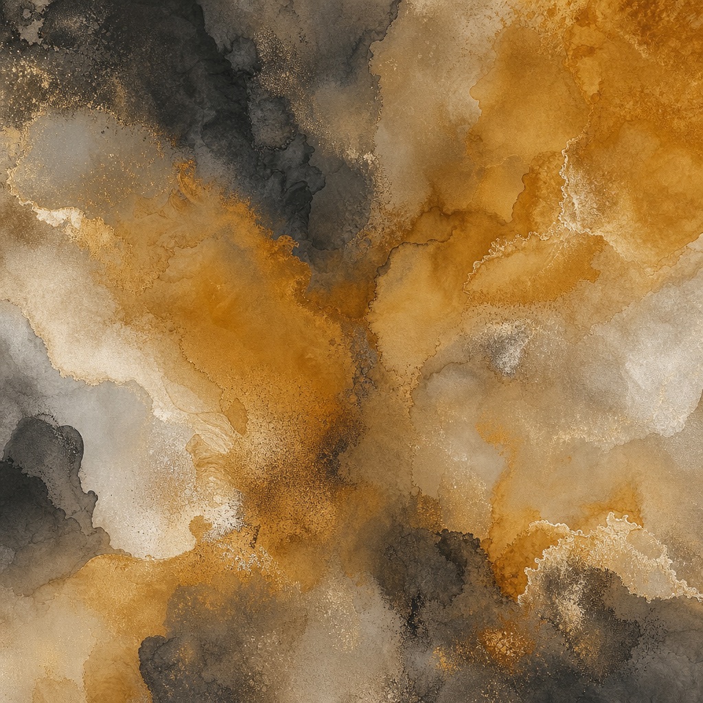 Abstract mineral pigment wash with earthy ochre, gray, and black textures.
