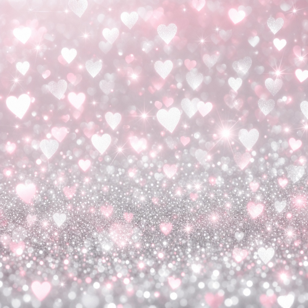 Soft pink background filled with white sparkle hearts and glowing bokeh lights