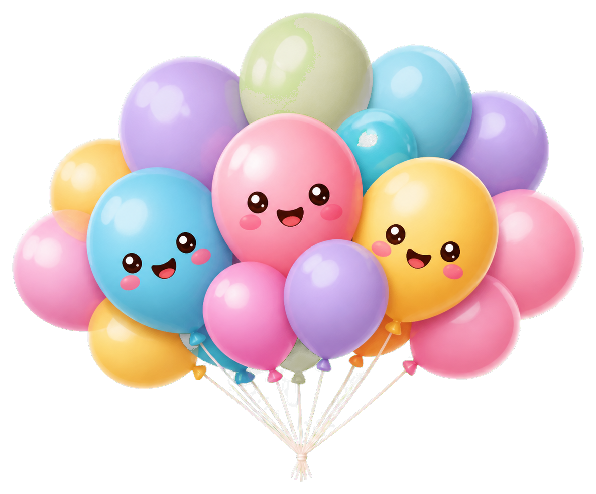 Colorful balloons arranged in a cloud shape with cute smiling faces and strings below