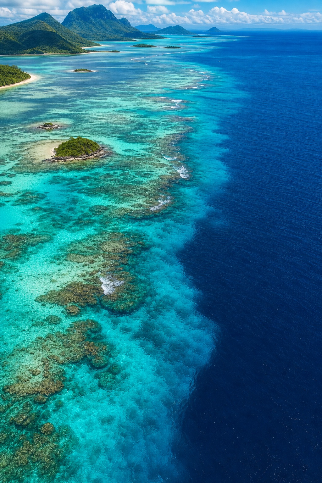Aerial view of turquoise reef water beside a deep blue ocean near a tropical coastline.