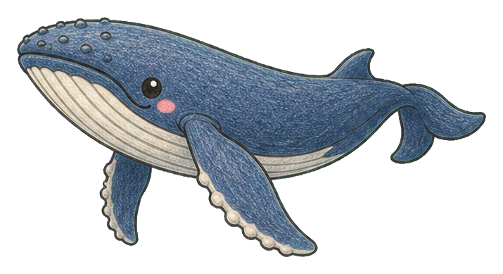 Cute blue humpback whale sticker with small pink cheeks and cream-colored belly.