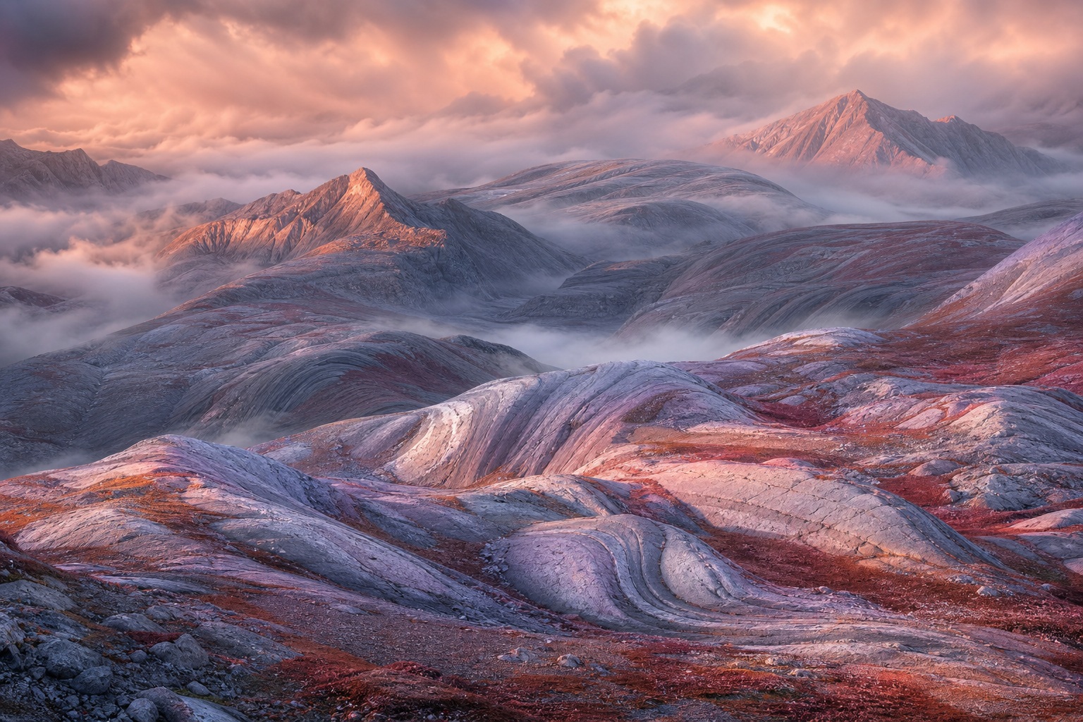 Cinematic futuristic mountains with coral pink light over folded glacial stone ridges