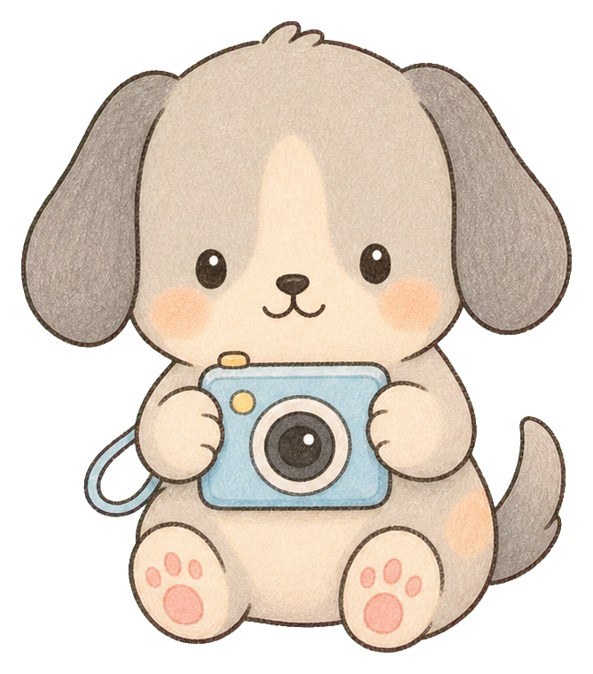 Cute kawaii puppy holding a blue camera and sitting with pink paw pads
