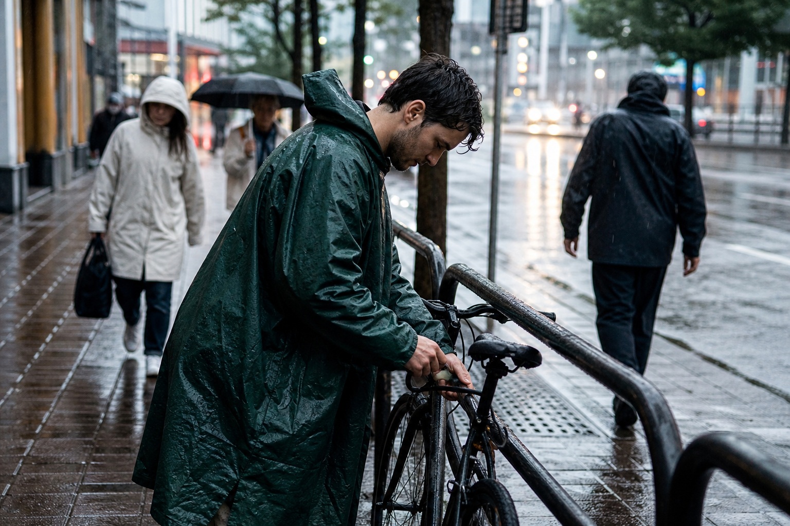 People walking along a rainy city sidewalk with wet pavement and a bike lock in the foreground.