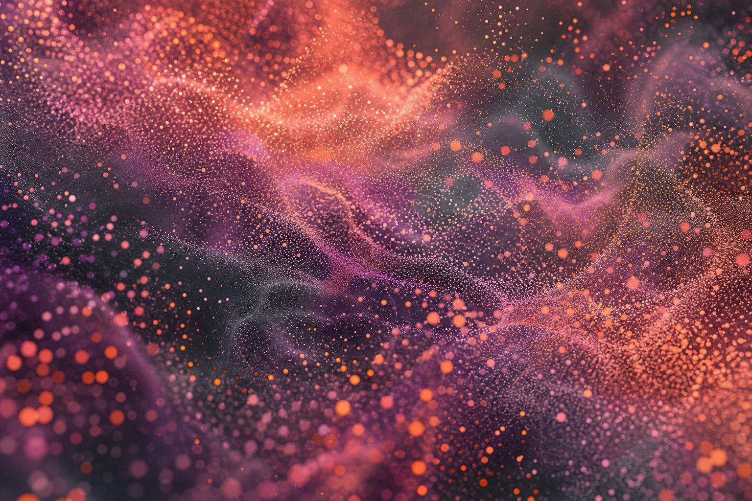 Coral plum abstract field of glowing particles with wave-like light streaks