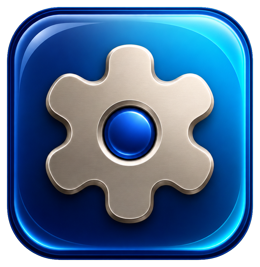 Blue glossy square app icon with a beige gear and blue center button