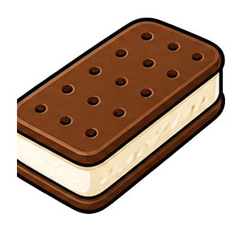 Illustrated ice cream sandwich with chocolate cookie layers and vanilla filling