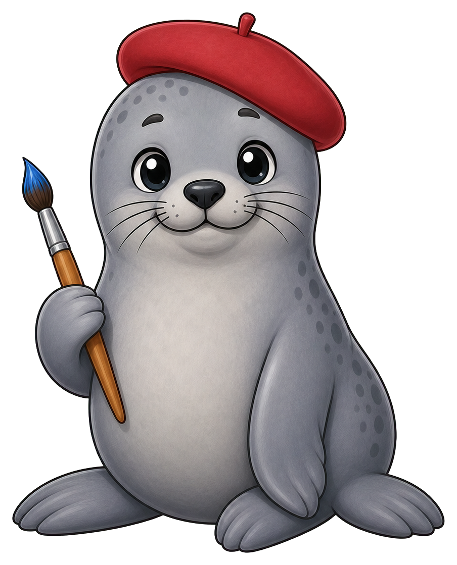 Cute gray seal wearing a red beret and holding a paintbrush.