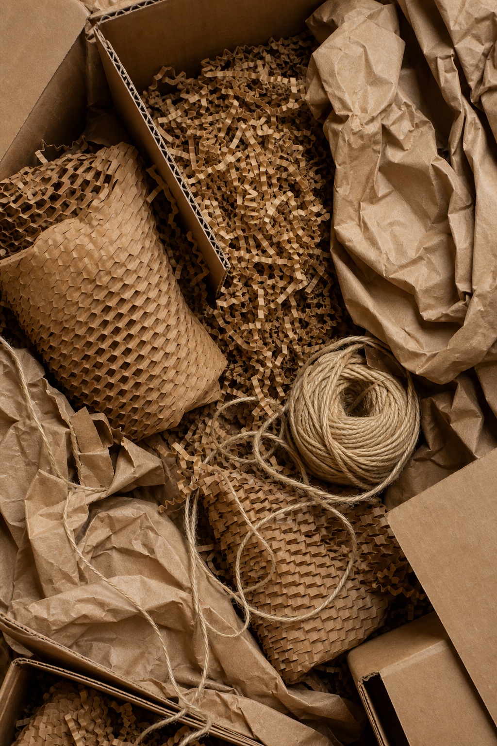 Kraft packing materials, twine, filler, and shipping supplies arranged in a flatlay.