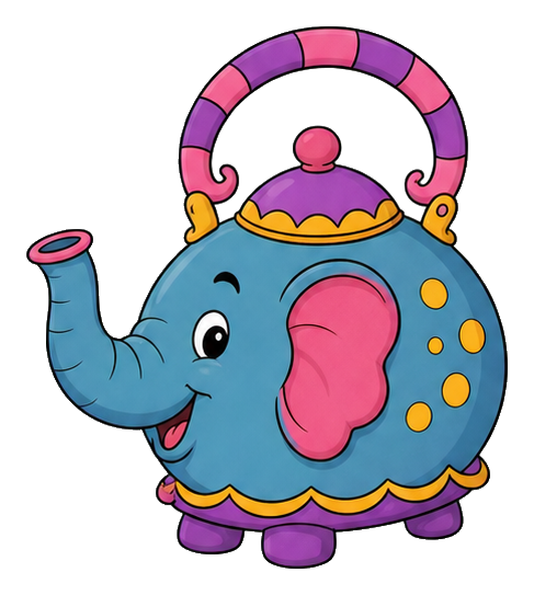 Blue cartoon elephant shaped like a kettle with pink accents and a curved handle.