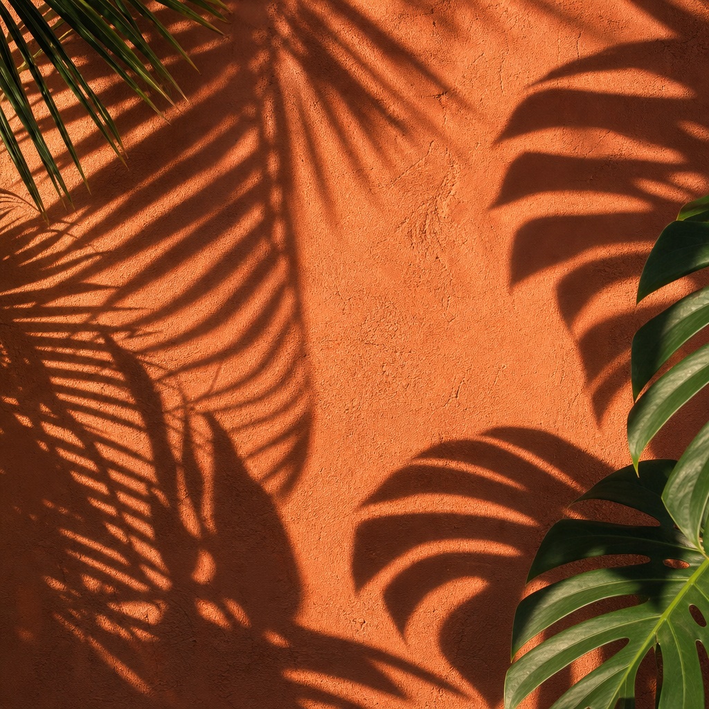 Tropical leaf shadows on a terracotta square background with green leaves at the edges