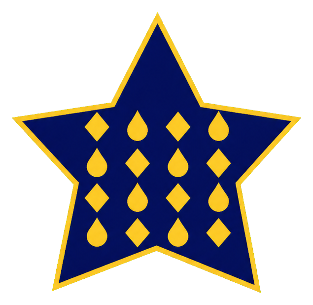Blue five-point star with yellow geometric mandala shapes inside