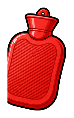 Red hot water bottle sticker with a rounded cap and diagonal striped texture