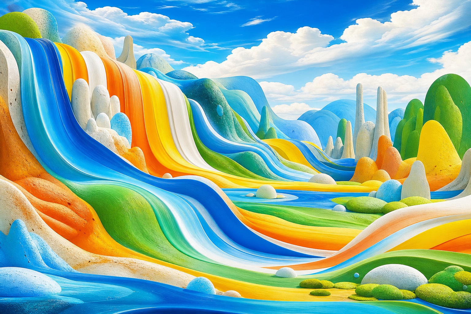 Colorful folding waterfall flowing through a whimsical surreal landscape under a bright sky.