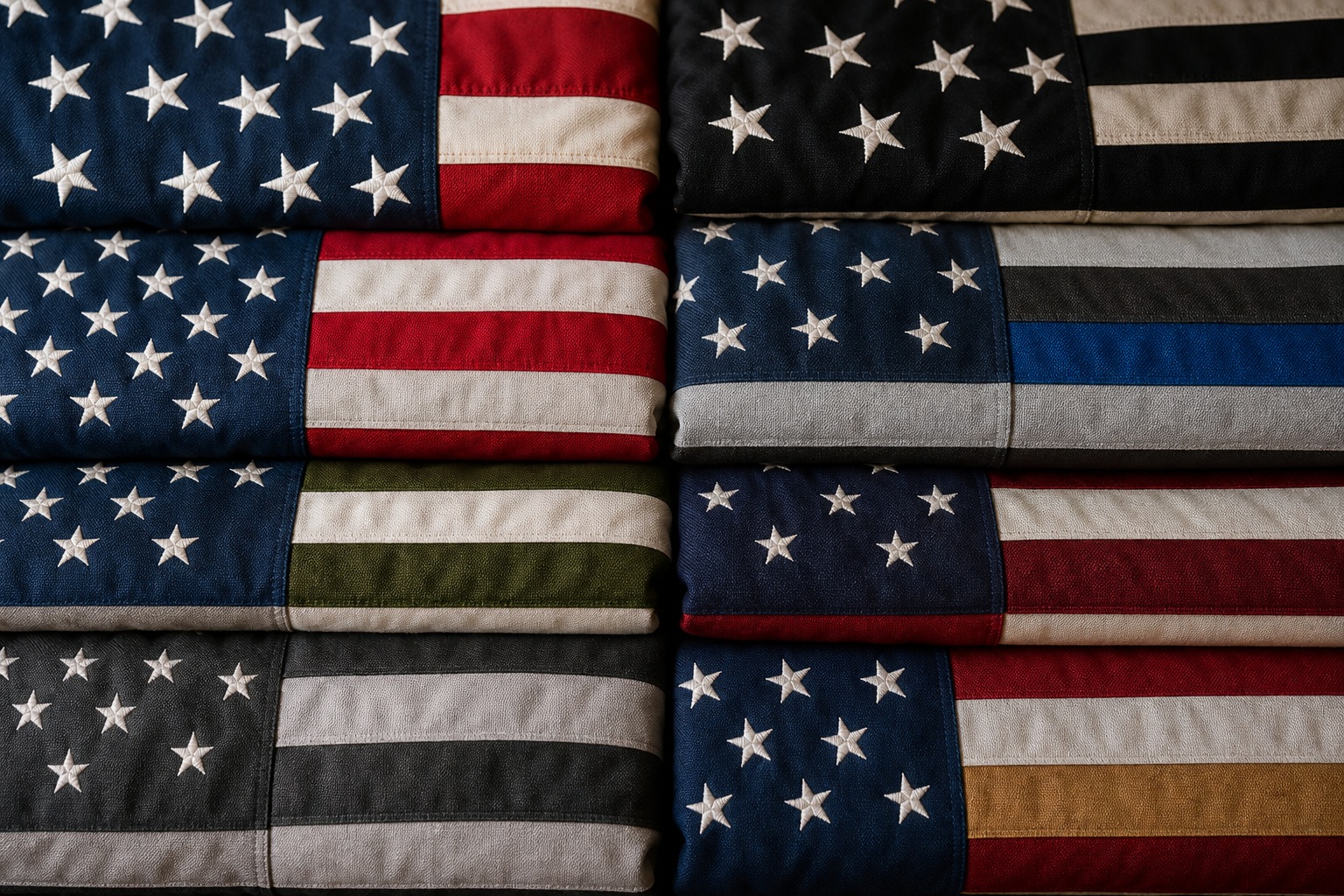 Grid of folded flag fabric panels in red, white, blue, and black tones