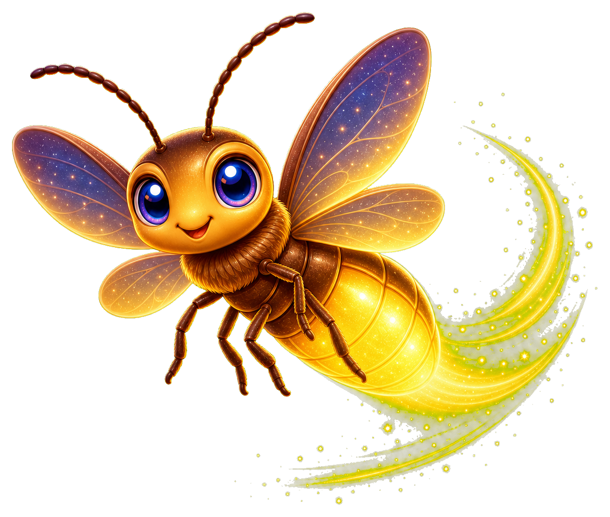 Cute glowing firefly with a bright yellow light trail