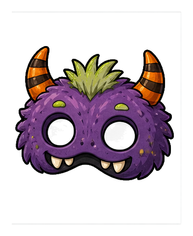 Purple monster mask with horns, green hair, and large black eye holes