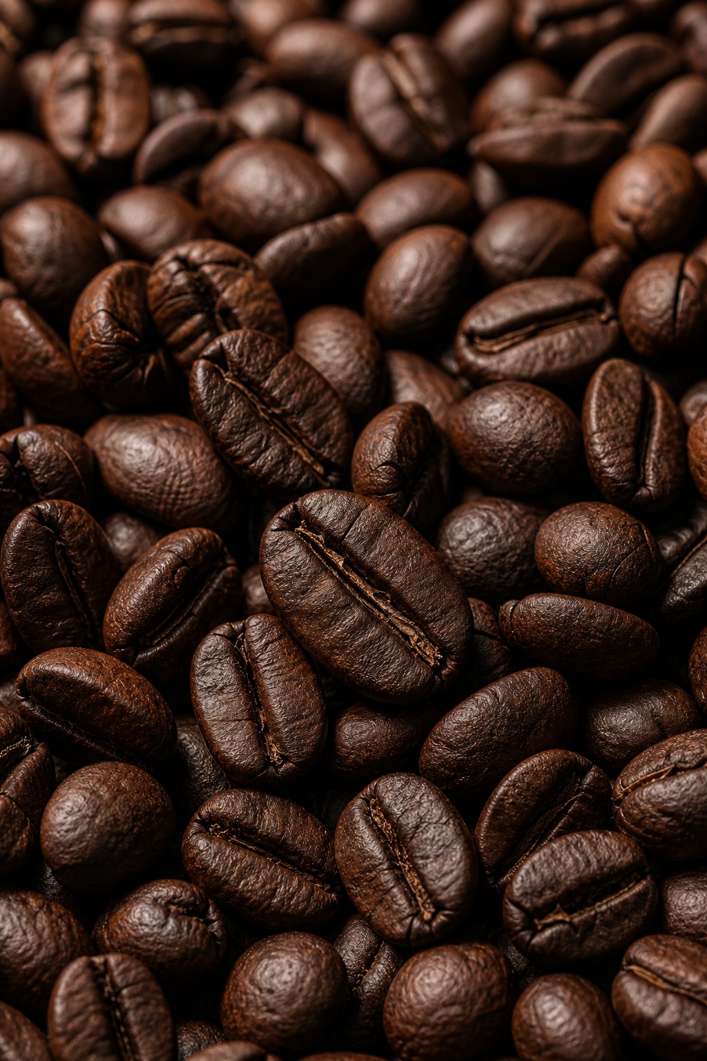 Close-up background of roasted coffee beans with rich dark brown texture.