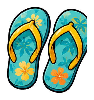 Pair of turquoise flip flops with yellow straps and floral accents.