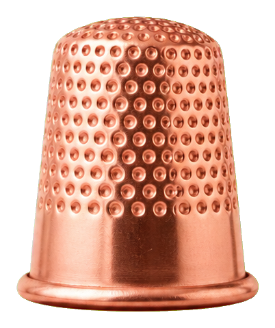 A realistic copper thimble with a textured top and rounded base