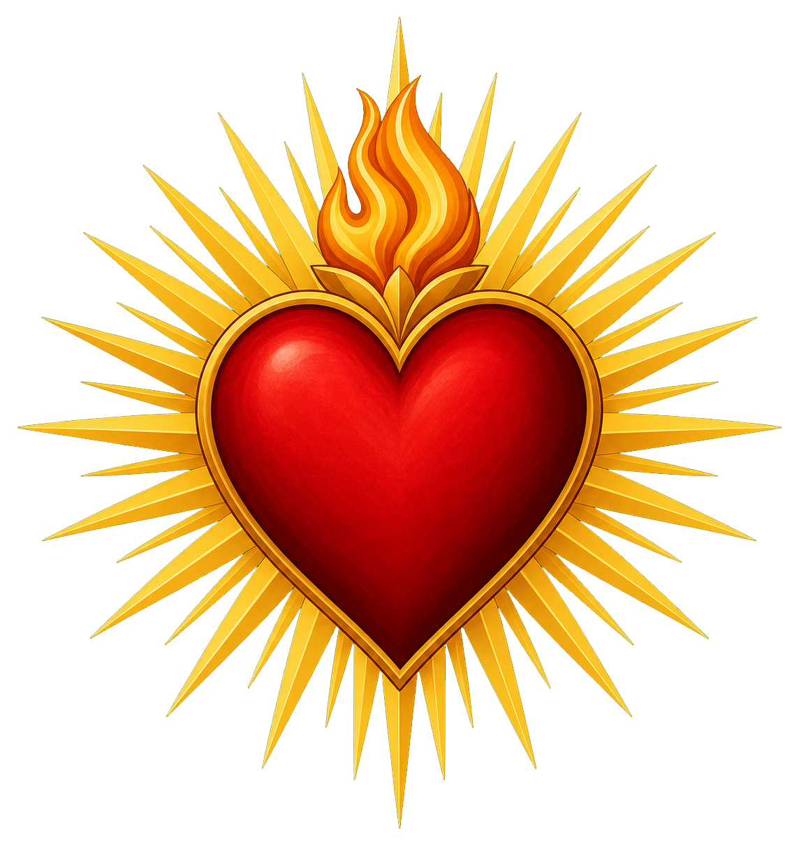 Red sacred heart with flames above and golden rays around it