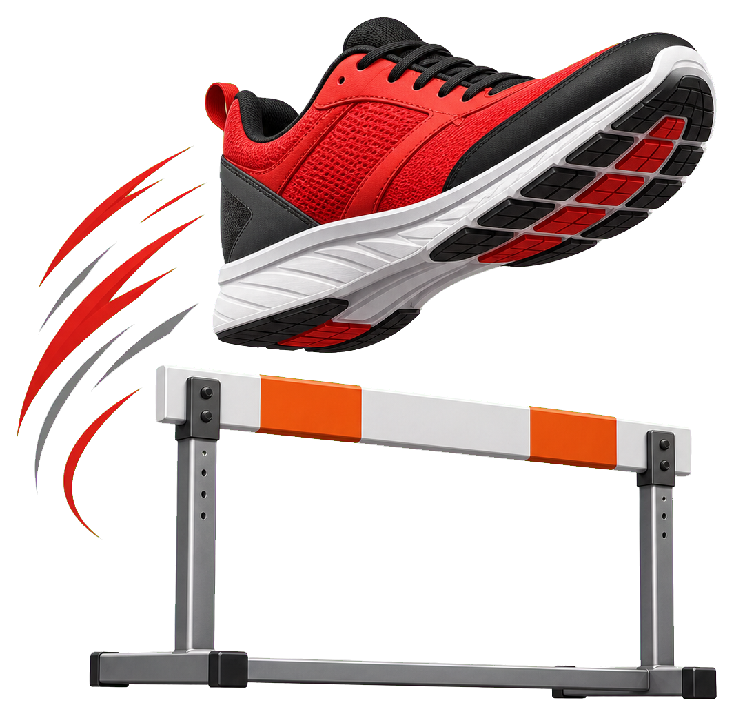 Red running shoe jumping over a track hurdle with motion streaks