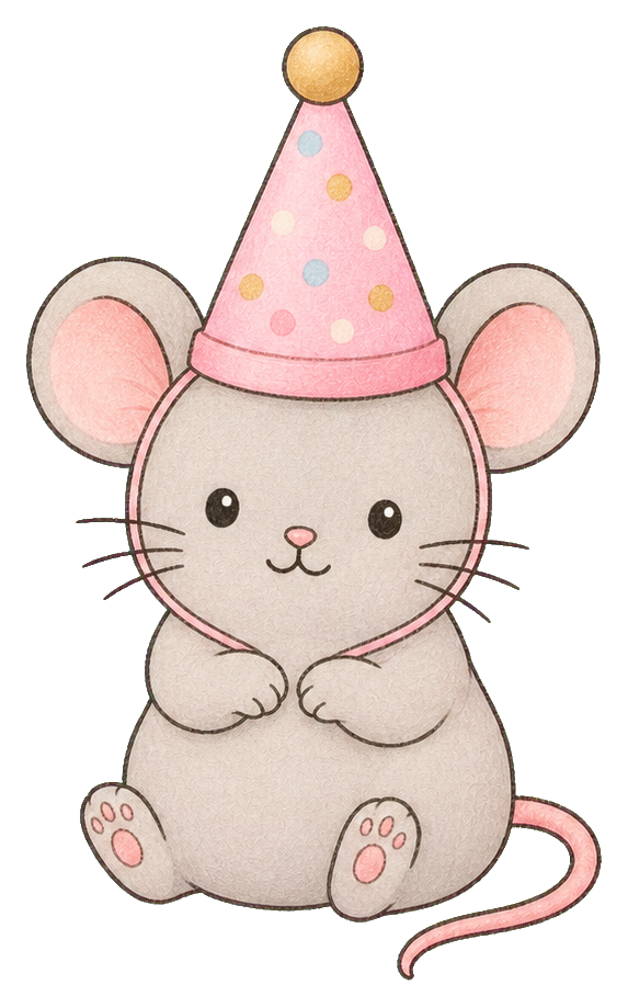 Cute gray mouse wearing a pink party hat with polka dots and a small pom-pom.