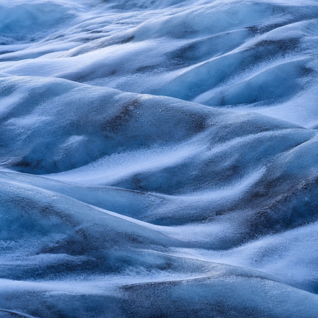 Blue glacier ice covered in wind-scoured snow with layered frozen ridges