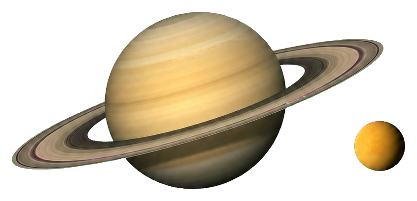 Saturn with rings and a small yellow moon beside it on a transparent background