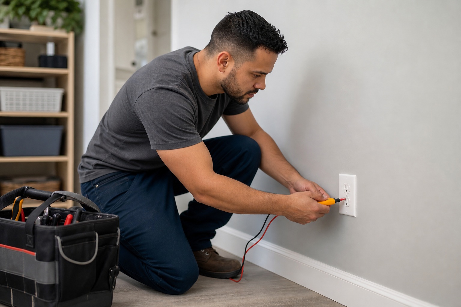 Electrician kneeling by a wall outlet while testing wiring with tools nearby.