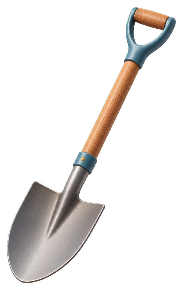 Illustrated shovel tool with a wooden handle and metal blade on a transparent background.