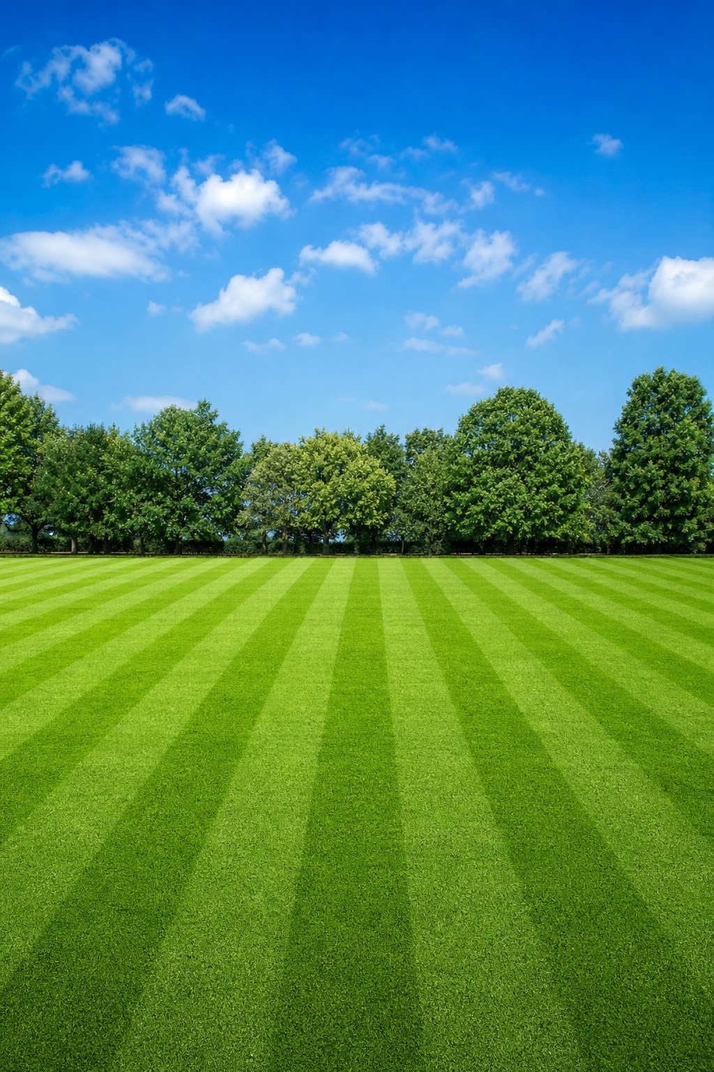 Green soccer field with vertical stripes, trees along the edge, and a blue sky with clouds.