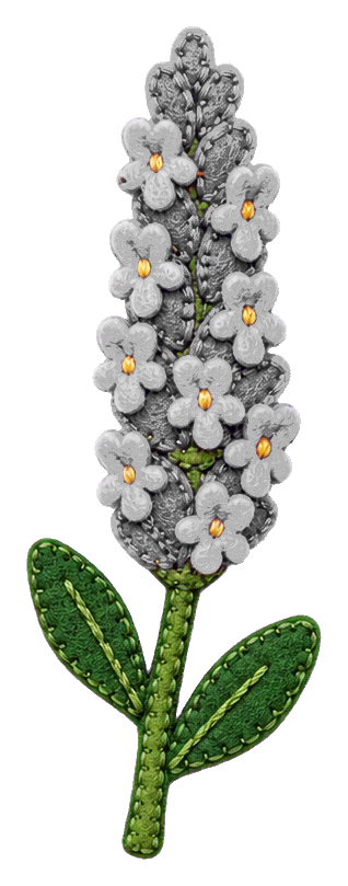 Felt-style lavender sprig with gray blossoms and green leaves