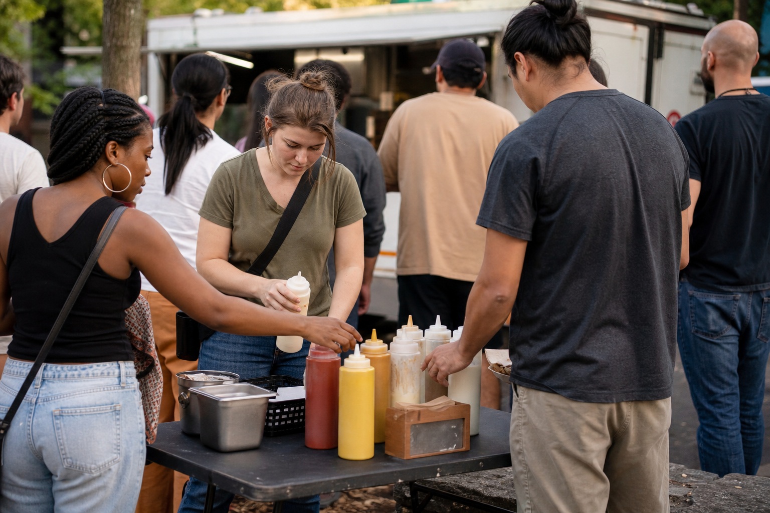 People standing in line at a food truck beside a condiment table outdoors.